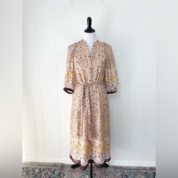 ANN TAYLOR Sz XS PEARL BLUSH Paisley Border Balloon Sleeve Midi Dress Office NEW - Picture 2 of 16